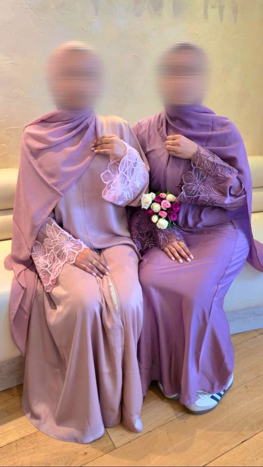 Zaynah & Hana Lace Sleeve Open Abaya | Ameera Collection | Elegant Modest Abaya with Hijab