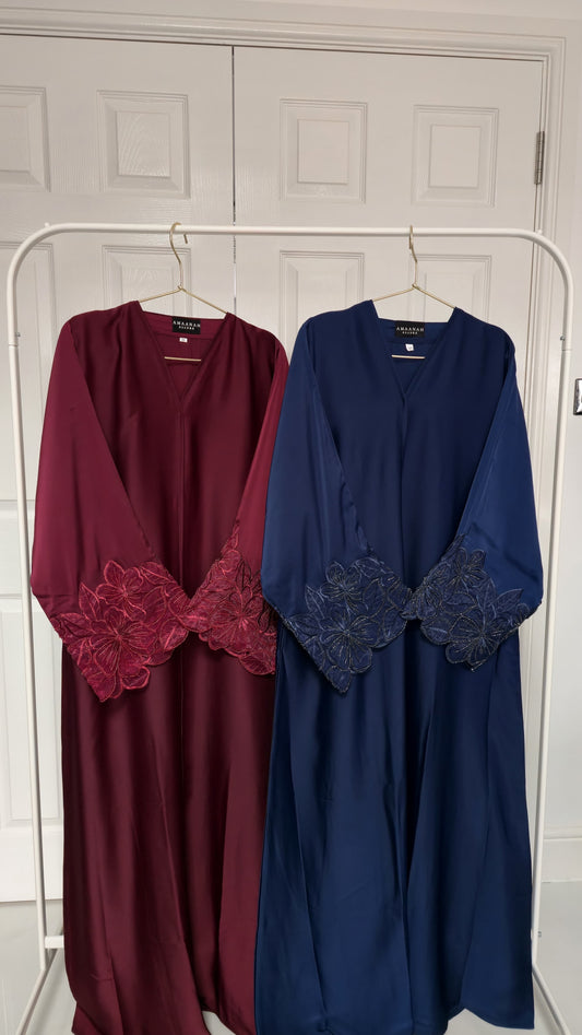 Yusra & Noura Lace Sleeve Open Abaya | Ameera Collection | Elegant Modest Abaya with Hijab