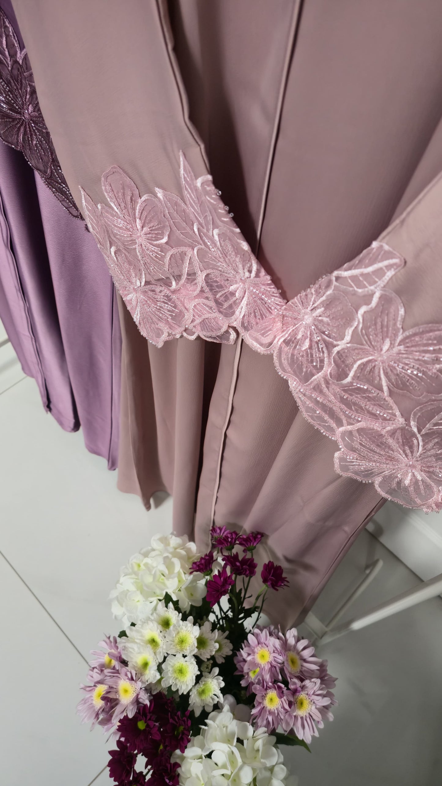 Zaynah & Hana Lace Sleeve Open Abaya | Ameera Collection | Elegant Modest Abaya with Hijab