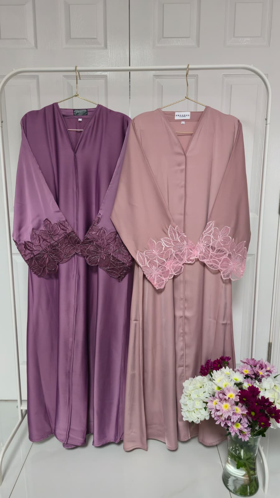 Zaynah & Hana Lace Sleeve Open Abaya | Ameera Collection | Elegant Modest Abaya with Hijab